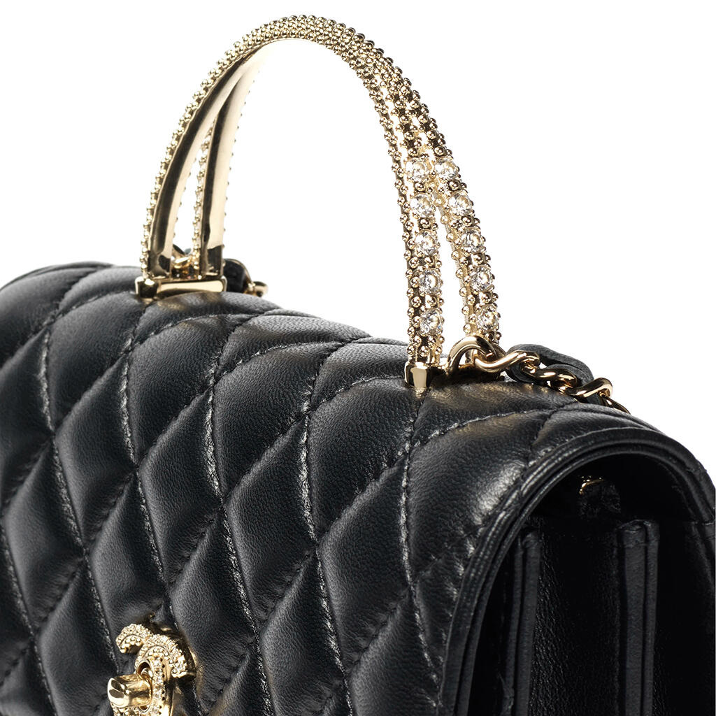 Ch*el clutch with chain lambskin, strass & gold-tone metal black ap4831 (18.5*11*6cm)